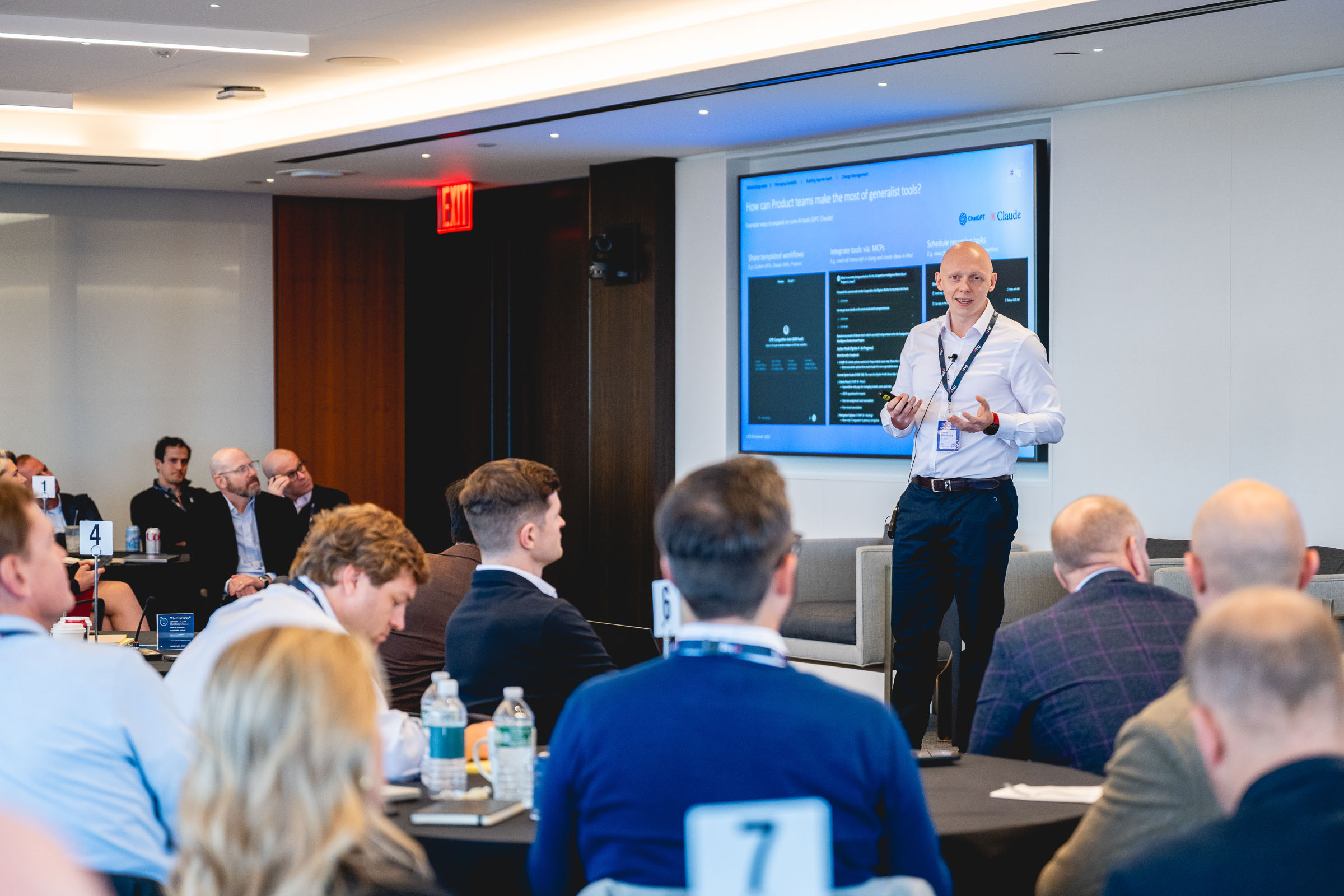 Keynote speaker during a corporate conference in New York City.